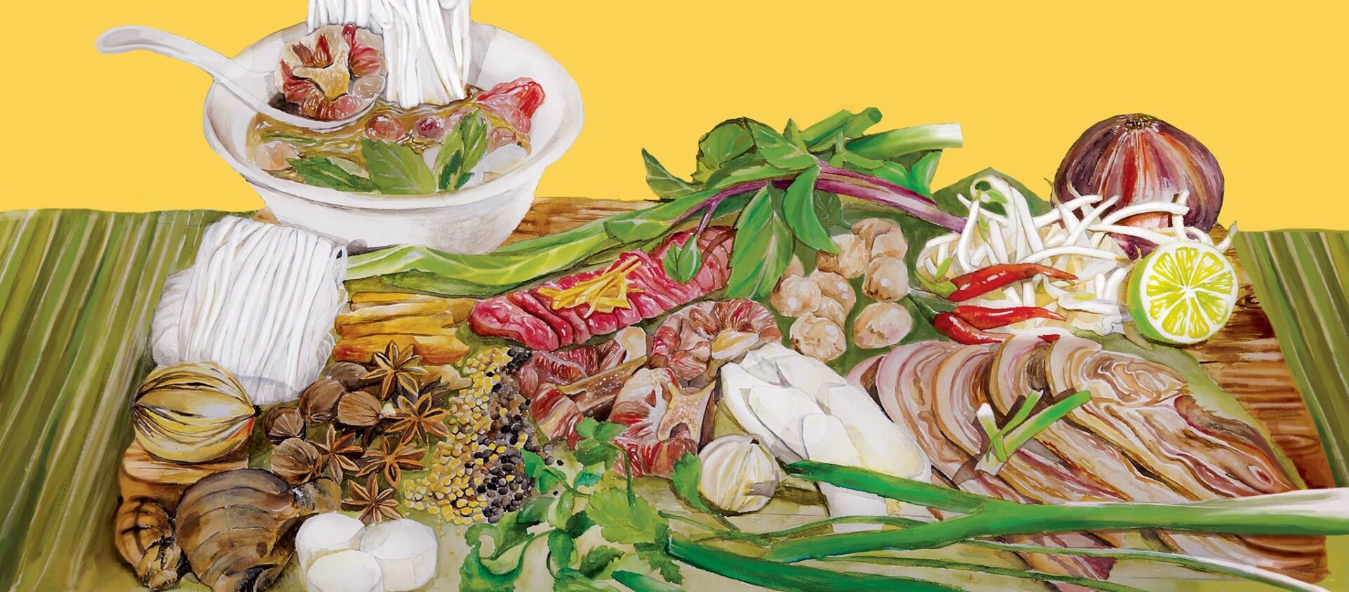 Illustration of table with ingredients for pho
