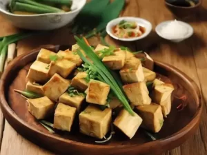 A plate of light brown cubes with a green vegetable