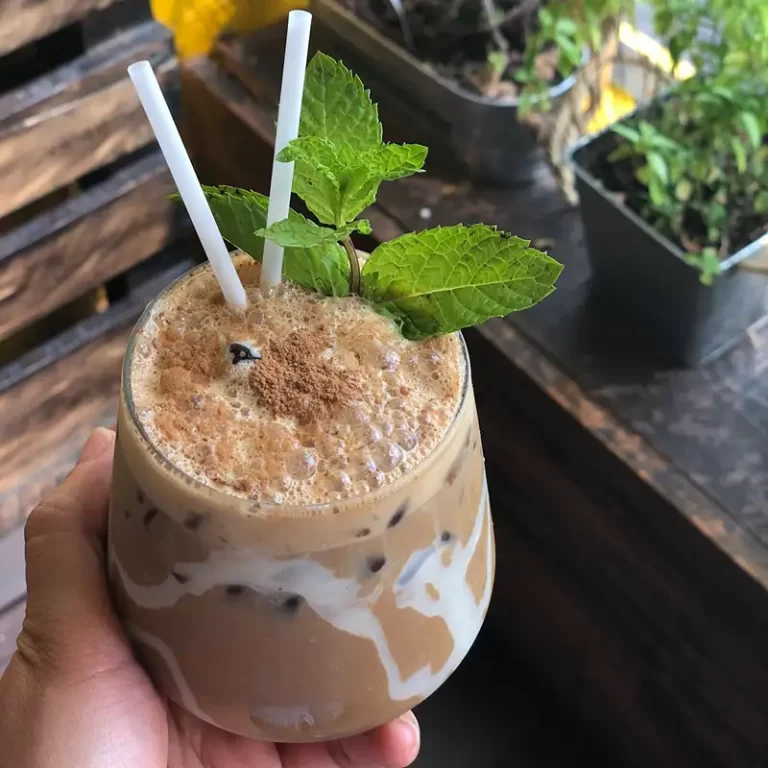 Cold Vietnamese coffee with straws and mint