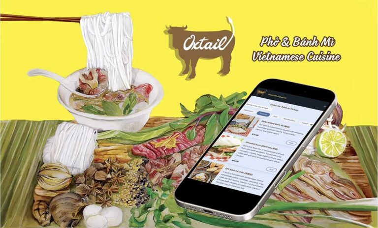 Illustration of a table of food with a phone overhead